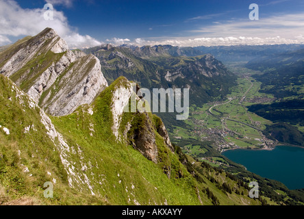 Vista da una cima del Kurfuersten crinale a Walenstadt e la valle del Seez, Alpi, Svizzera Foto Stock