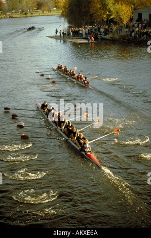 Tre nove uomo equipaggi gara in testa al Charles regata Sport Cambridge Massachusetts Foto Stock