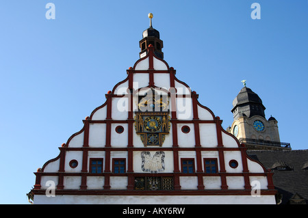 Timpano rinascimentale, orologio multifunzionale, sun dial, il municipio vecchio, Plauen, Vogtland, Bassa Sassonia, Germania Foto Stock