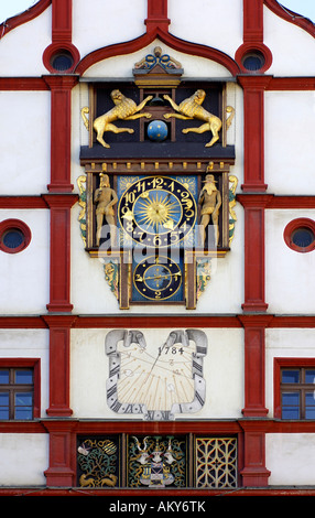 Timpano rinascimentale, orologio multifunzionale, sun dial, il municipio vecchio, Plauen, Vogtland, Bassa Sassonia, Germania Foto Stock