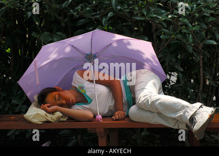 Donna cinese dorme sotto un ombrello su un banco, Shanghai, Cina Foto Stock