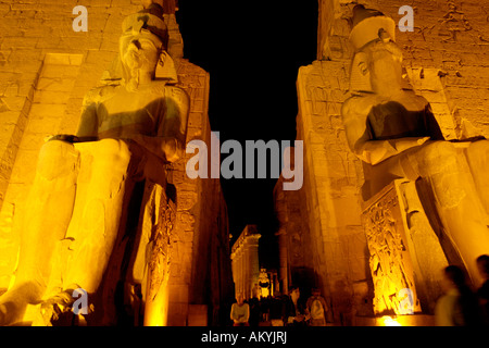 Luxor sul Nilo in Egitto. Pianta del Tempio di Luxor. Statua di Ramses II prima del pilone all'ingresso, Luxor, Egitto Foto Stock