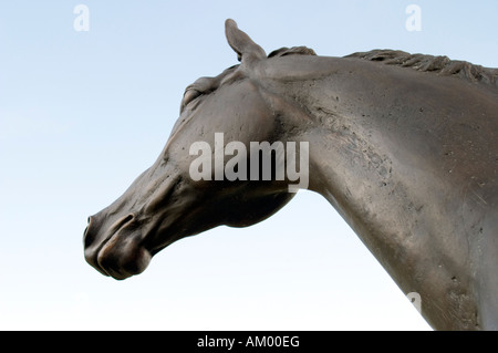 Testa di cavallo di bronzo al castello di Wickrath, Moenchengladbach, Nord Reno-Westfalia, Germania Foto Stock