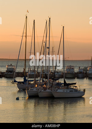 Un tramonto dorato oltre le barche nel porto del villaggio di pescatori di Menemsha, Martha's Vineyard Cape Cod Massachusetts USA Foto Stock