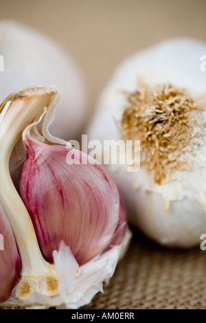Immagine ravvicinata di tutta bulbi di aglio e chiodi di garofano Foto Stock