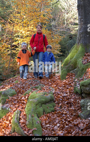 Donna e due bambini camminare attraverso la foresta autunnale, Carinzia, Austria Foto Stock