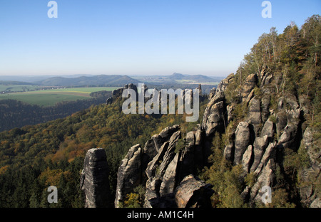 Vista di Schrammsteine, Elba montagne di arenaria, Sassonia, Germania Foto Stock