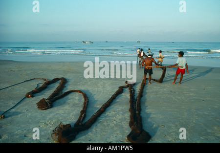 INDIA Goa Colva spiaggia pescatori tirando in una sciabica rete da pesca alla riva di prima mattina. Foto Stock