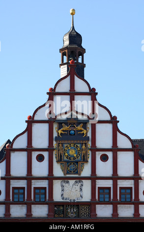 Timpano rinascimentale, orologio multifunzionale, sun dial, il municipio vecchio, Plauen, Vogtland, Bassa Sassonia, Germania Foto Stock