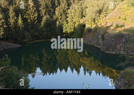 Il basalto lago vicino Riedenberg, Rhoen, Franconia, Baviera, Germania Foto Stock