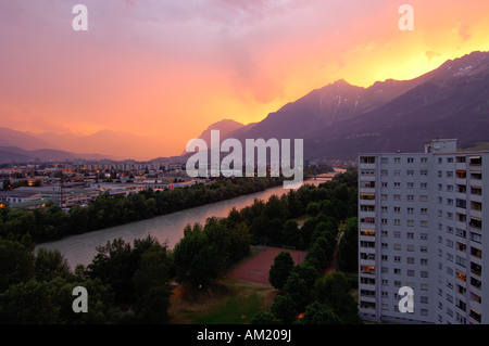 Vista su Innsbruck, Inn e Nordkette, Tirolo, Austria Foto Stock