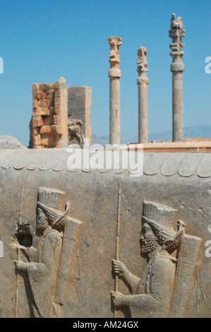 Rilievi di guerrieri di fronte al Gate di Xerxes PERSEPOLIS Iran Foto Stock