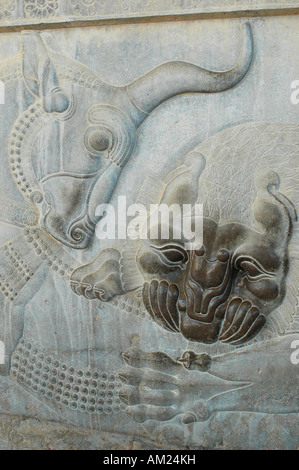 Angra Mainyu lion uccide il toro primordiale nella sala dell'udienza al palazzo Xerxes PERSEPOLIS Iran Foto Stock