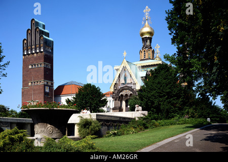 Geografia/travel, Germania, Hesse Darmstadt, edifici, Matrimoni torre, costruita: 1908, architetto: Joseph Maria Olbrich, Cappella russa, costruito: 1897 - 1899, architetto: Louis Benois, vista esterna, Additional-Rights-Clearance-Info-Not-Available Foto Stock