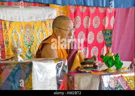 HH Penor Rinpoce nato tibetano capo supremo del Buddismo Nyingmapa presiede Amitabha Empowerment in meditazione nel montaggio Foto Stock