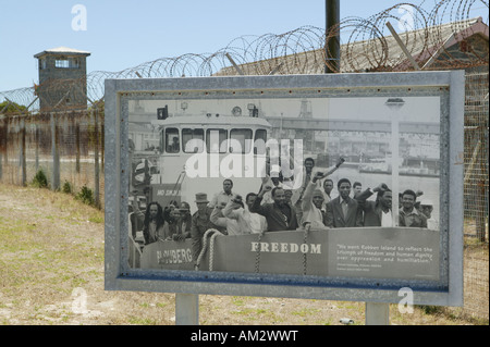 Le schede di informazioni circa le condizioni di vita sulla ex isola prigione di Robben Island, Sud Africa Foto Stock