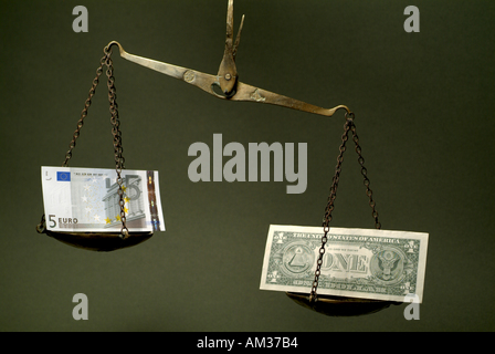 Scala con un peso di cinque di banconote in euro e una banconota del dollaro. Foto Stock