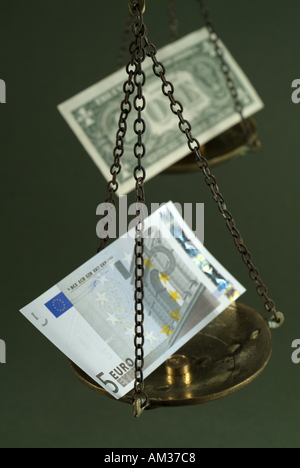 Scala con un peso di cinque euro banconota contro un dollaro statunitense Foto Stock