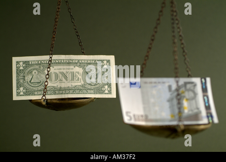 Scala con un peso di cinque euro contro di noi un dollaro banconote Foto Stock