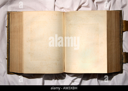 Un vecchio libro aperto con pagine vuote. Foto Stock