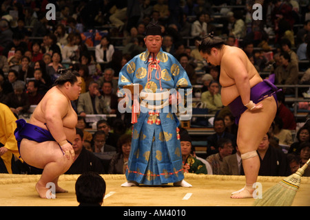 Lottatori di Sumo in pre lotta bout rituali durante la primavera torneo di sumo in Osaka Kansai giappone asia popolare con i turisti stranieri Foto Stock