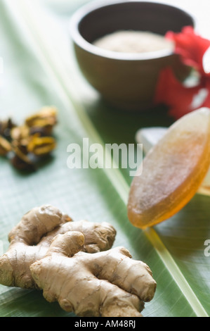 Close-up di trattamento spa prodotti su una foglia di banano Foto Stock