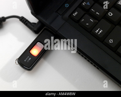 2GB Pen Drive in uso con il computer portatile Foto Stock