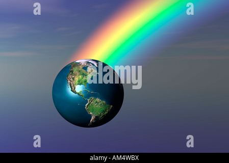 Terra promessa un 3D concettuale immagine surreale,con la terra essendo mostrata come il tesoro alla fine di un arcobaleno. Foto Stock