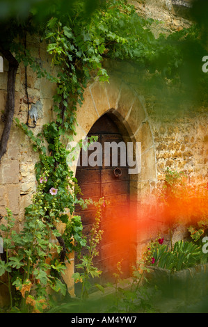 Porta e la facciata di un vecchio rustico nel borgo medievale di Bruniquel Gorge d Aveyron Midi Pyrénées Francia NR Foto Stock