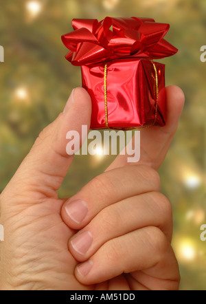 Un piccolo regalo di Natale tenuto in una mano da un albero di Natale Foto Stock