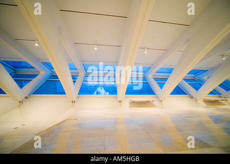 La scultura Argo da Alexander Liberman sul Lago Michigan visto dall'interno del Padiglione Quadracci del Milwaukee Art Museum. Foto Stock