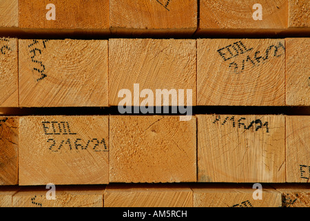 Impilate le travi in legno su un lumberyard Foto Stock