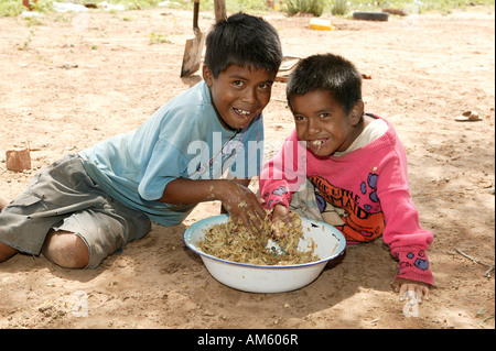 I bambini mangiano freschi, scapecchiato canna da zucchero, Nivaclé nativo americano, Jothoisha, Chaco, Paraguay, Sud America Foto Stock