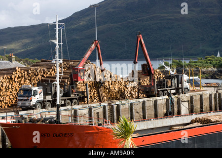 Nave da carico essendo caricato con il legname, Kyle of Lochalsh, Scotland, Regno Unito Foto Stock