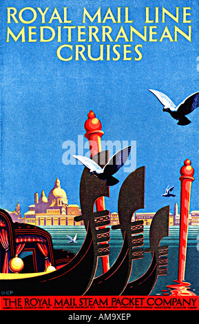 Royal Mail Line crociere nel Mediterraneo 1929 poster inglese per la nave da crociera operatore che mostra una gondola a Venezia Foto Stock