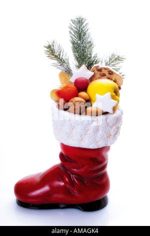 Santa Claus boot pieno di frutti, close-up Foto Stock