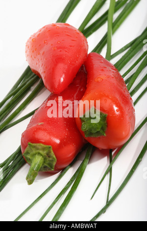 Peperoncini rossi con erba cipollina verde su sfondo bianco con gocce d'acqua dall'alto vicino a nessuno ad alta risoluzione verticale Foto Stock