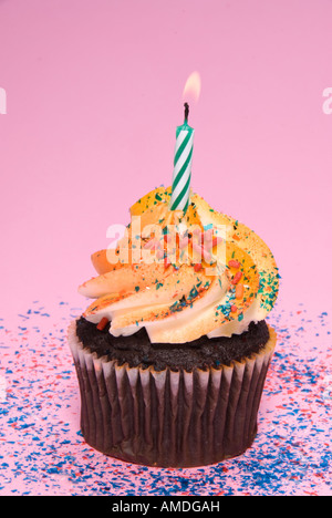 Un delizioso cioccolato tortina con una candela accesa e colorata glassa e spruzza su una rosa di zucchero di sfondo coriandoli Foto Stock