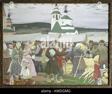 "Belle Arti, Kustodiev, Boris Mikhaylovich, (1878 - 1927), pittura, 'russo fiera annuale', gouache su carta e cartone, 66, Foto Stock