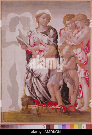 "Belle Arti, Michelangelo Buonarroti (1475 - 1564), la pittura, la Vergine Maria con il Bambino e San Giovanni", circa 1495, tempera su pan Foto Stock