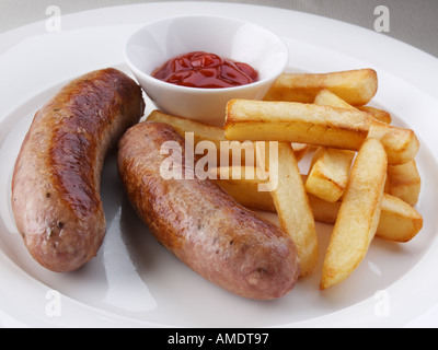 Salsicce di maiale e patatine Foto Stock