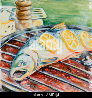 Illustrazione di un pesce sul Barbecue Foto Stock