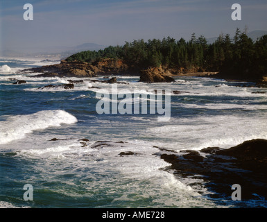 Caldaia Bay sulla costa dell'Oregon dove big ocean breakers crash su una costa rocciosa Foto Stock