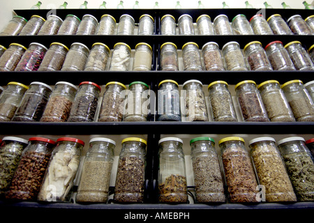 Bottiglie riempite con rimedi naturali per la vendita in un negozio nel souk nella medina di Marrakech in Marocco. Foto Stock