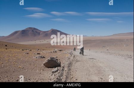 I ciclisti spingendo verso l'alto una ruvida ripida strada in un forte headwind nel sud-ovest della Bolivia con lenticolare sopra le nuvole. Foto Stock