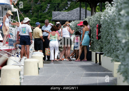 Immigrazione francese officer controlla i passaporti dei traghetti passeggeri che arrivano in Gustavia St Barts dalla vicina St Maarten Foto Stock