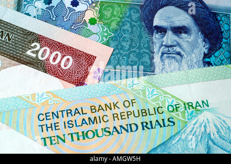Denaro iraniano - rial osserva e valuta Foto Stock