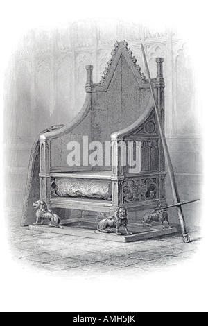 L incoronazione sedia nella Westminster Abbey realizzato per re Edward allego famoso Stone Scone 1300 SPADA III sede di Londra GB UK Eng Foto Stock