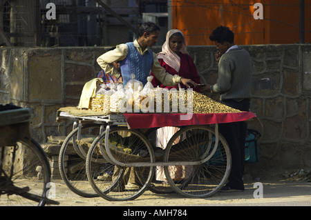 Un commerciante di arachidi vendendo i suoi dadi e essiccato merci dalla strada nel Parco Panchsheel (Panchshila Park), Nuova Delhi, India Foto Stock