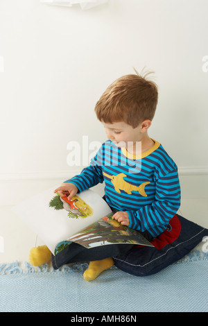 Il ragazzo si siede su un cuscino sul pavimento e i punti in un'immagine nel suo libro come egli legge Foto Stock